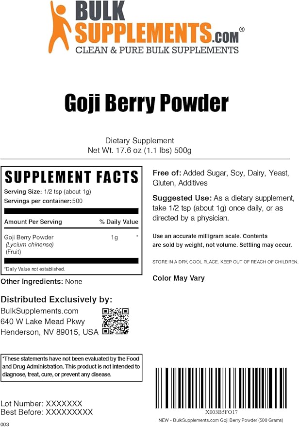BulkSupplements.com Wolfberry Extract Powder -Goji Berries Supplement Fruit Powder - Vegan &amp Gluten Free 1g per Serving 500g (1.1 lbs) (Pack of 1)