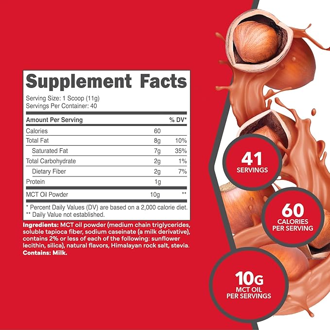 Ketologic MCT Oil Powder Hazelnut Cream (1 LB) – Keto Coffee Creamer &amp Energy Support – 41 Servings of Medium Chain Triglycerides for Focus &amp Fuel