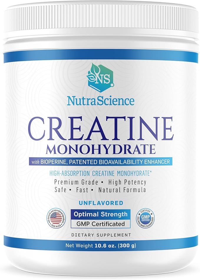 NutraScience Creatine Monohydrate Powder with BioPerine Supports Lean Muscle Growth and Recovery 60 Servings 5000mg Per Serving Unflavored GMP sertified Vegan Friendly Non GMO