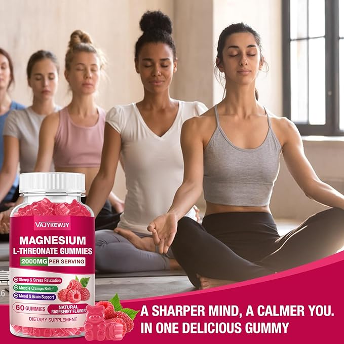 2 Pack Magnesium L-Threonate Gummies - 2000mg for Brain Muscle &amp Nervous System Support. Sugar-Free Raspberry Flavor 120 Count for Kids &amp Adults