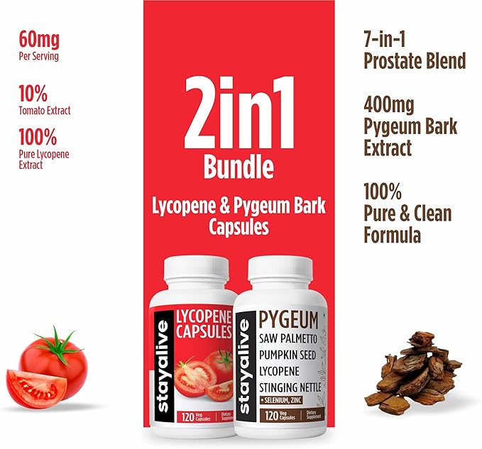 STAYALIVE Lycopene and Pygeum Bundle with Saw Palmetto Pumpkin Seed and Zinc 240 Vegan Pills Non-GMO &amp Gluten Free Men's Health Supplement