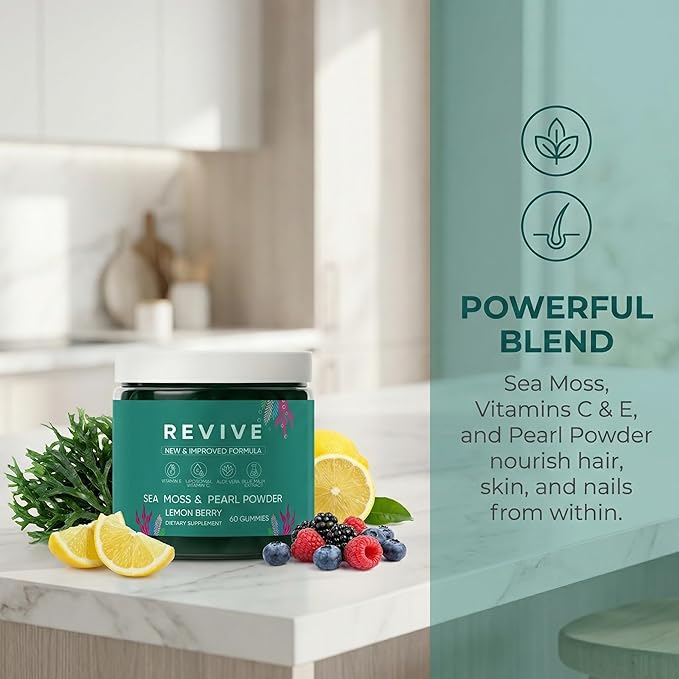 Balmbare Revive Gummies for Hair Loss - Sea Moss Gummies with Vitamin C Vitamin E Aloe Vera Pearl Powder Supports Faster Hair Growth Stronger Nails Healthy Skin Extra Strength - 60 Count