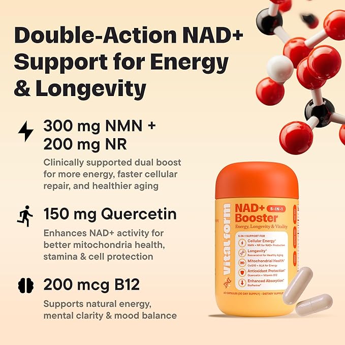 NAD+ Supplement with NMN &amp Nicotinamide Riboside (NR) – Advanced Cellular Energy &amp Healthy Aging Complex – with Resveratrol CoQ10 Quercetin &amp BioPerine – 60 Vegan Capsules