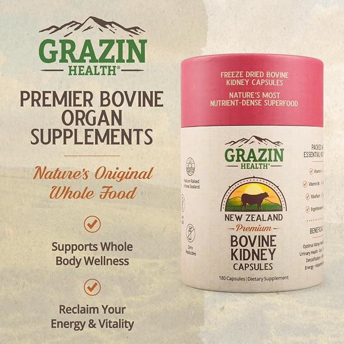 Grass Fed Bovine Kidney Capsules 3000mg | Whole Food Kidney Support Supplement from Pasture-Raised New Zealand Beef Organs | Non-GMO Hormone-Free Nutrient-Dense 30 Servings