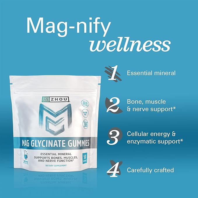 Zhou Mag Gly Gummies - Magnesium Glycinate Gummies for Women &amp Men Cellular Energy Support Muscle &amp Nerve Function Support Vegan Gluten Free Natural Fruit Punch Flavor - 50 Count