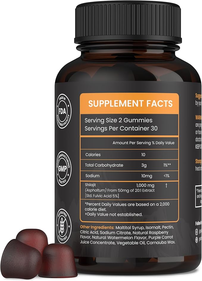 Pure Sundried Himalayan Shilajit Gummy for Men &amp Women | Organic Shilajit Gummies | Natural 85 Plus Trace Minerals Fulvic Acid | Energy Immunity | Sugar-Free 60 Healthy Gummy