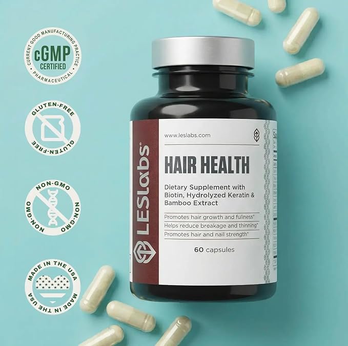 LES Labs Hair Health – Hair Growth &amp Nails Supplement Improved Thickness Strength &amp Fullness – Keratin Biotin Pumpkin Seed &amp MSM – 60 Capsules