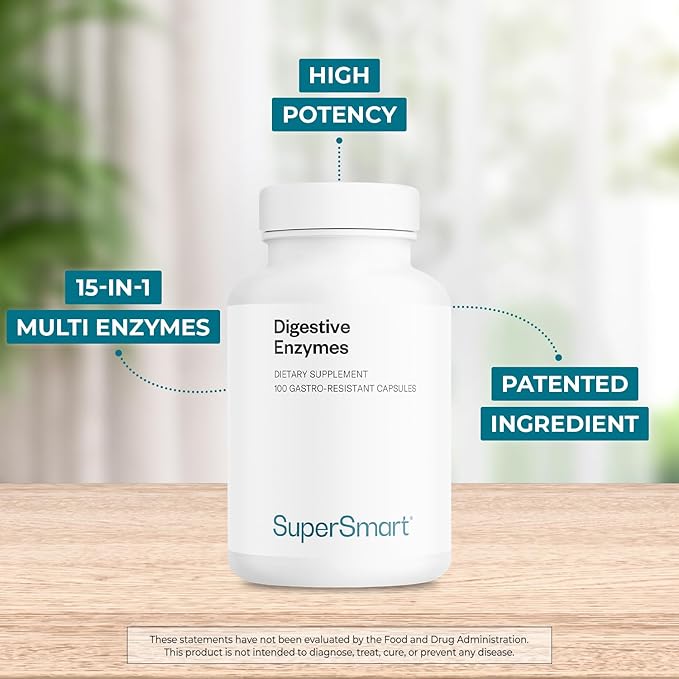 Supersmart - Digestive Enzymes (High Potency) - 15-in-1 Multi Enzymes Supplement - with Lipase Bromelain Amylase Lactase Protease Invertase | Non-GMO &amp Gluten Free - 100 Delayed Release Capsu