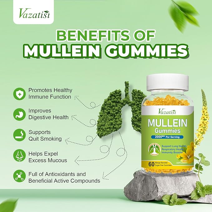 Mullein Gummies Mullein Leaf Extract with Bromelain Quercetin Pine Bark Support Lung Cleanse for Healthy Breathing 120ct