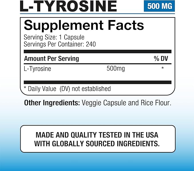Puregen Labs L-Tyrosine 500 mg Total - 480 Vegetable Capsules | No Harmful Additives | Brain &amp Nervous System Support Non-GMO Vegan Gluten Free Dairy Free - 480 Servings