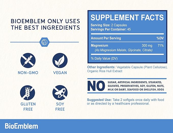 BioEmblem Triple Magnesium Complex | 300mg Magnesium Glycinate Malate &amp Citrate | High Absorption Chelated Formula | Vegan Non-GMO Gluten-Free | 90 Capsules