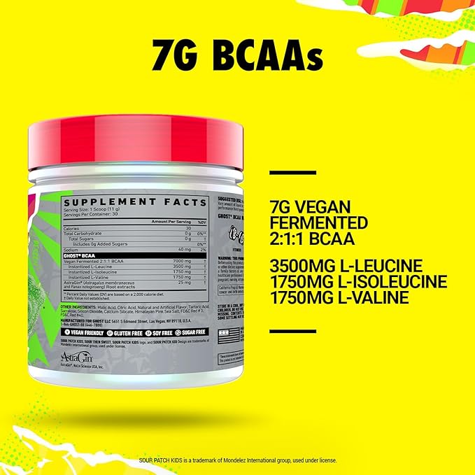 GHOST BCAA Powder Amino Acids Supplement Sour Patch Kids Watermelon - 30 Servings - Sugar-Free Intra Post &amp Pre Workout Amino Powder &amp Recovery Drink 7G BCAA