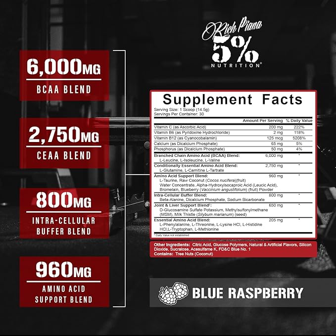 5% Nutrition Rich Piana AllDayYouMay BCAA Powder | Premium Intra &amp Post Workout Amino Acids EAA Electrolytes | Hydration Endurance Recovery | Vegan &amp Keto | 16.93 oz 30 Srvgs (Blue Raspbe