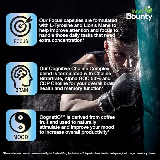 Focus 14-in-1 Nootropic Brain Supplement with Lions Mane Alpha GPC Choline Vitamin C &amp B12 Taurine Bacopa - Energy Cognitive Memory Support 60 Filler Free Capsules
