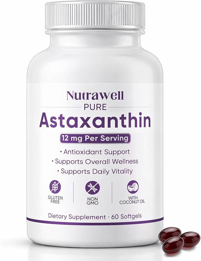 NutraWell Astaxanthin 12mg with Coconut Oil Antioxidant Support Supplement Non-GMO Gluten Free 60 Softgels