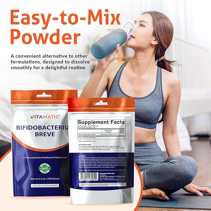 Vitamatic Bifidobacterium Breve Probiotic Powder - Digestive Health Support - 100 Gram (3.5 OZ) - 100 Servings
