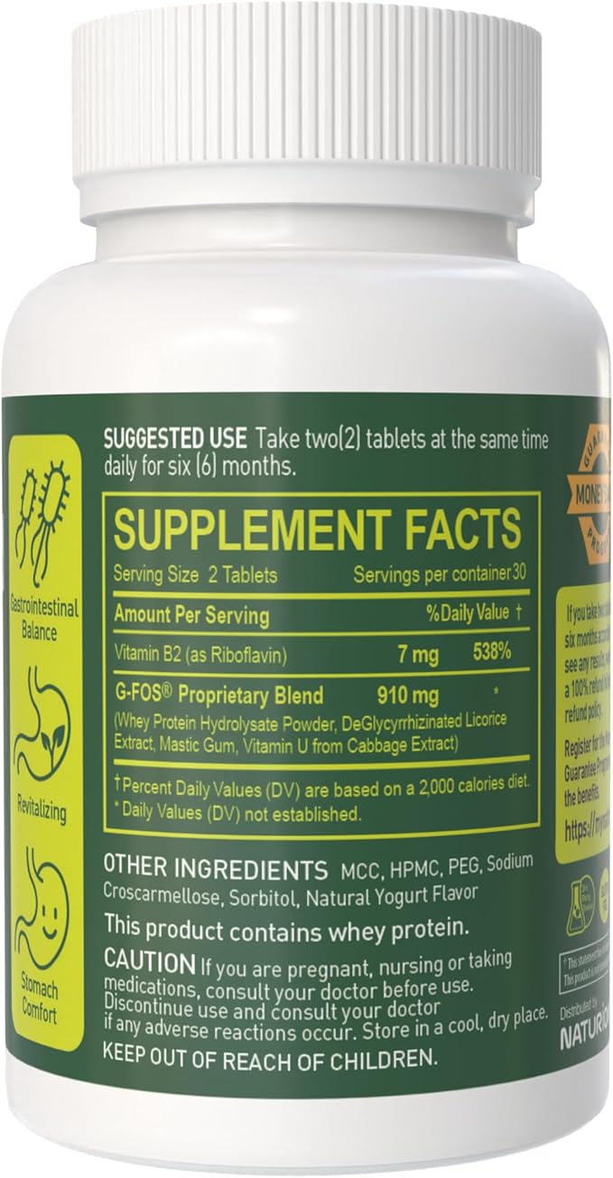 H. Pylori Support - Digestive Health Supplement with G-FOS Blend Whey Protein Licorice Mastic Gum Vitamin U and Vitamin B2 - Stomach Comfort &amp Gut Balance - 60 Tablets 30 Day Supply