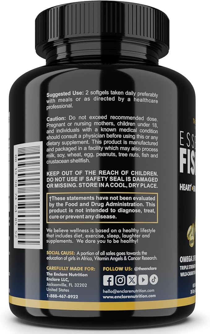 Fish Oil Supplement Omega 3 for Women &amp Men – Triple Strength 1400mg Omega-3 EPA/DHA - Burpless Wild-Caught Omegas 3-6-9 for Heart Brain Eye &amp Joint Support – 60 Softgels