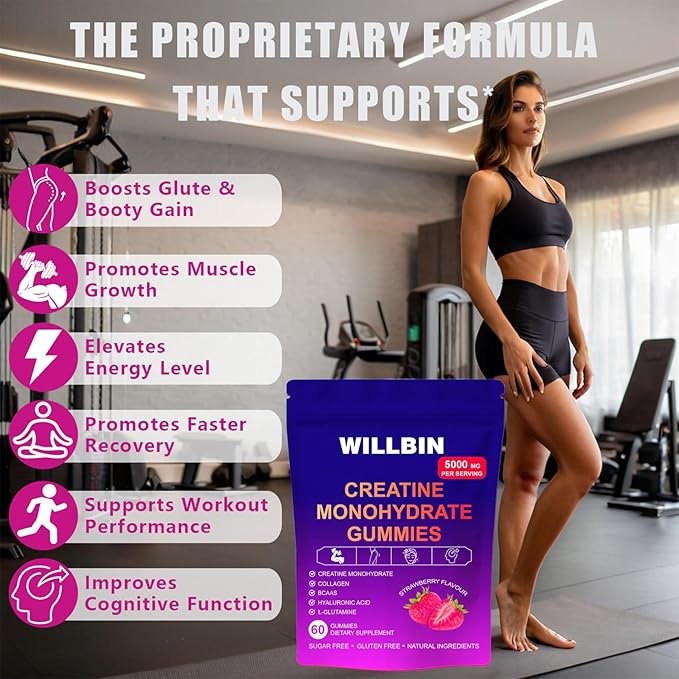 Creatine Gummies - Strawberry Flavor | 5000mg Creatine Monohydrate per Serving | Vegan-Friendly Pre-Workout Energy Support for Muscle Growth &amp Strength (150)
