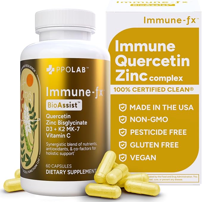 PPO Lab® Immune-fx™ Advanced Zinc Ionophore One-A-Day Immune Support Supplement with Zinc Bisglycinate Quercetin Vitamin C D3 K2 for Respiratory Heart Histamine Antioxidant Health 60 Capsules