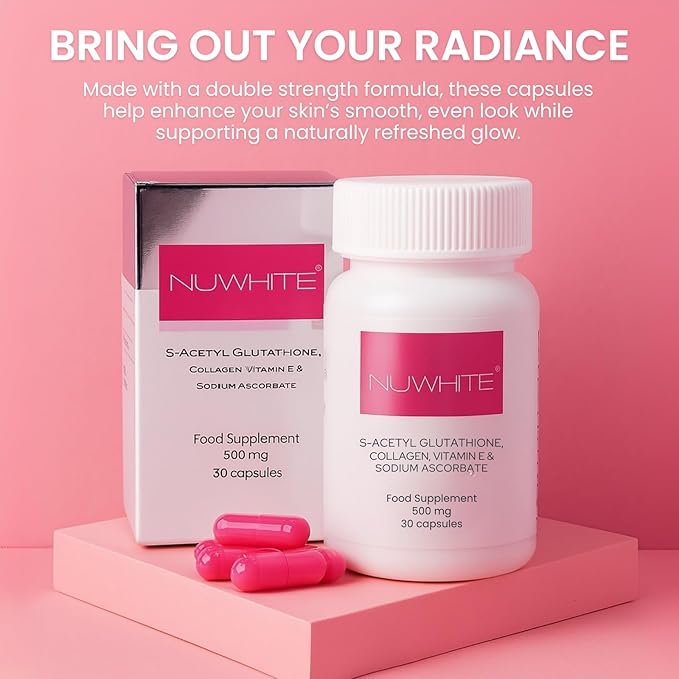 Nu White S-Acetyl Glutathione 30 Capsules – New Improved Formula for Radiant Even-Toned Skin | Premium Supplement for Daily Wellness &amp Glow