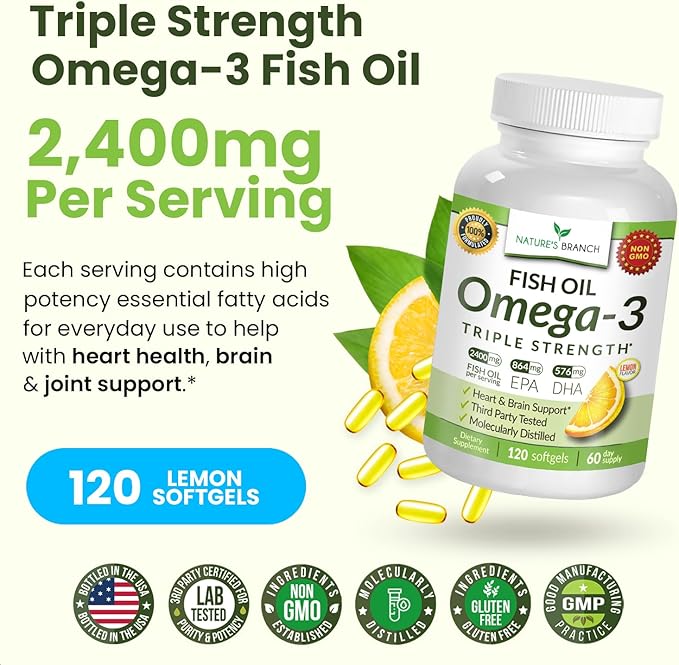 Triple Strength Omega 3 Fish Oil Supplements 2400mg | 120 Capsules Burpless High Potency Lemon Flavor High EPA DHA for Men &amp Women Ultra Pure Softgels | Joint Support Eyes Heart Brain Health P