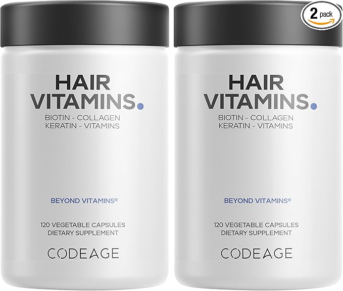 Codeage Hair Vitamins 10000 mcg Biotin Keratin Collagen Vitamin A B12 C D3 E Zinc Turmeric Probiotics Enzymes Inositol - Hair Care Support - Healthy Hair Supplement Pills - 2 Pack