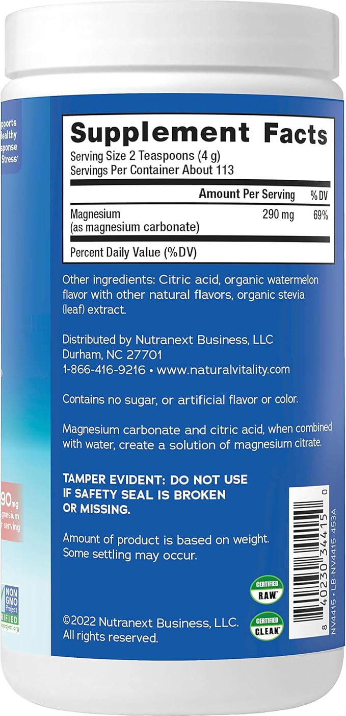 Natural Vitality Calm Magnesium Supplement Anti-Stress Drink Mix Powder Gluten Free Vegan &amp Non-GMO Watermelon 16 oz