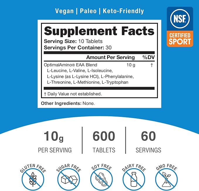 OptimalAmino Tablets Fitness Bundle (600 Count) | 99% Utilized Essential Amino Acids (EAA) Supplement | Increase Muscle Recovery BCAA Protein Pre/Post Workout NSF Certified for Sport® Certified