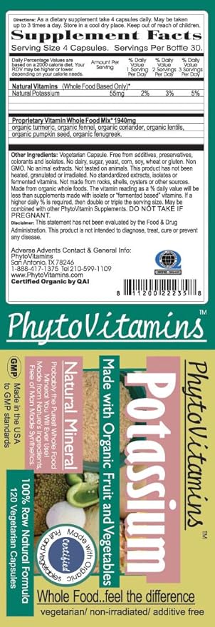 Organic Whole Food Potassium 120-Count Vegetarian Capsules by PhytoVitamins