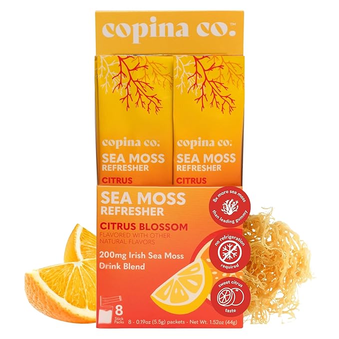 Organic Irish Sea Moss Powder - 200mg Packets - Citrus Blossom Flavored Seamoss Drink with Electrolyte-Rich Coconut Water for Natural Hydration Muscle Recovery - 8 Stick Packs