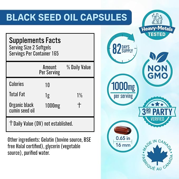 Bio Absorb Black Seed Oil Capsules 82-Day Supply Cold Pressed Pure Black Cumin Seed Oil (Nigella Sativa) (330 softgels 500mg)