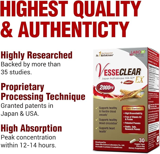 LABO Nutrition VesseCLEAR EX: Nattokinase NSK-SD+Elastin F for Clean &amp Flexible Blood Vessel. Japan's Most Research Proven Functional Dose Acid-Resistant/Delayed Release Capsules