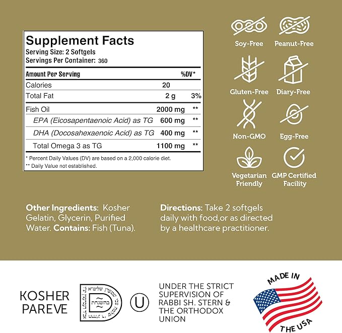 Zahler Omega 3 Fish Oil - Omega 3 Supplements with Fatty Acids 600 mg EPA and 400 mg DHA - Supplements Derived from Kosher Tuna - Supports Brain &amp Heart Health (360 Softgels)