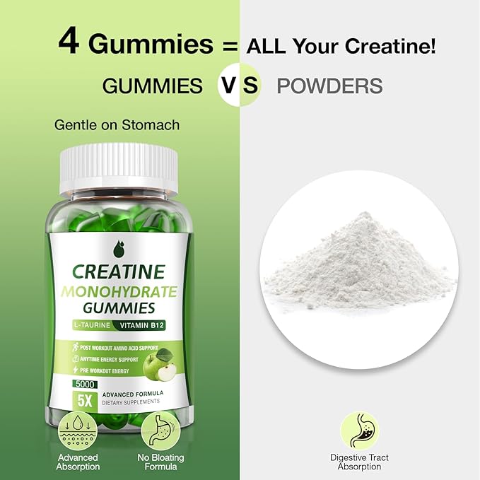 Creatine Gummies for Men &amp Women - Creatine Monohydrate Gummies 5g Low Sugar Creatine Supplement for Muscle Builder Energy Boost &amp Pre-Workout Supplement Green Apple Flavor 160 Gummies (2