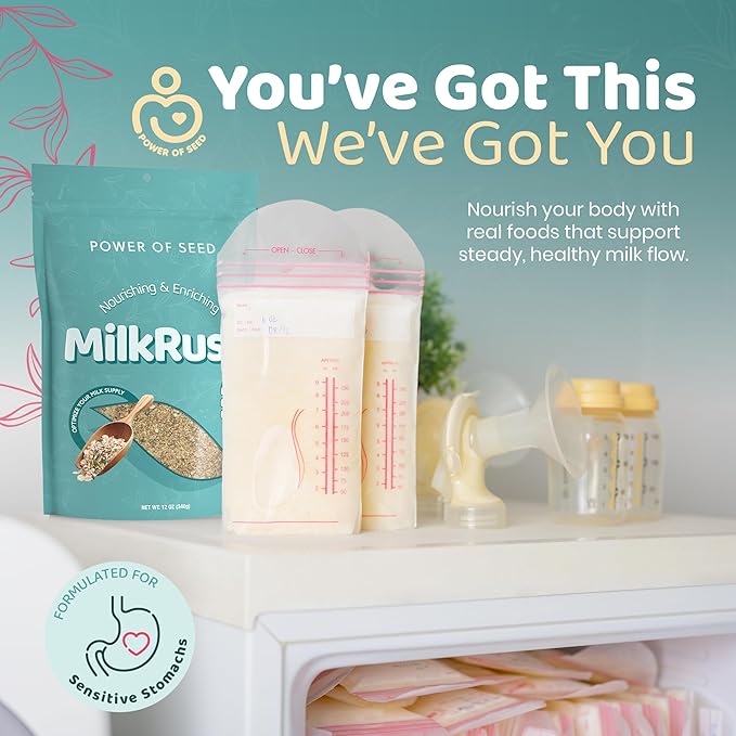 Milkrush Lactation Support for Breastfeeding-Oats Seeds &amp Almond Lactation Drink Mix - Enrich Milk for Breastfeeding with Superfood Omega 3 Iron &amp Calcium - Kosher Certified - 26oz Bag