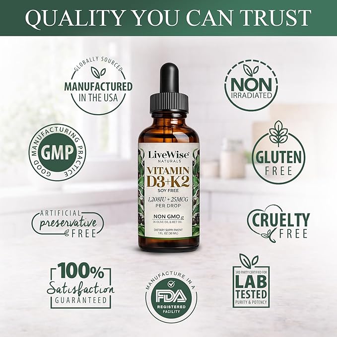 Live Wise Naturals Vitamin D3 K2 Drops for Adults - 930 Drops Ultra Concentrated Formulation Fast Absorption 1208 IU Vitamin D3 25 MCG (MK-7) - Micro-Dosing Dropper for Calcium &amp Bone Support