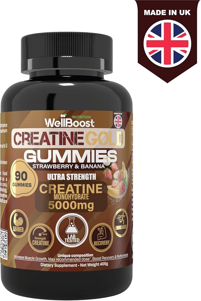 WellBoost Creatine Gold – 5000mg Creatine Monohydrate Vegan Sugar-Free Gummies for Lean Muscle Growth Endurance Recovery &amp Energy (1 Month Supply) in Starwberry and Banana Flavour.