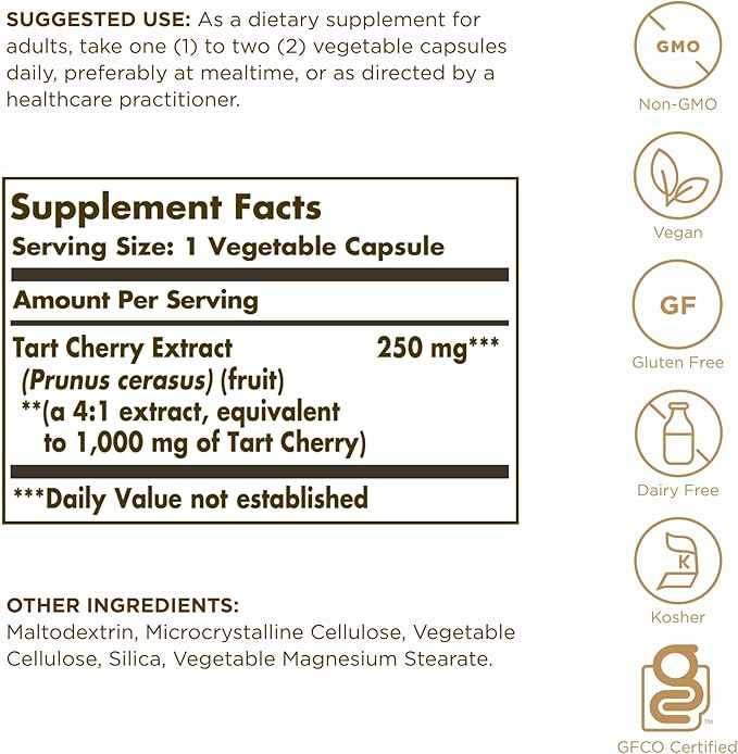 Solgar Tart Cherry 1000 mg 90 Vegetable Capsules (Pack of 2) - Antioxidant with Quercetin Chlorogenic Acid &amp Anthocyanins Compounds - Non-GMO Vegan Gluten Free Dairy Free - 180 Total Servings