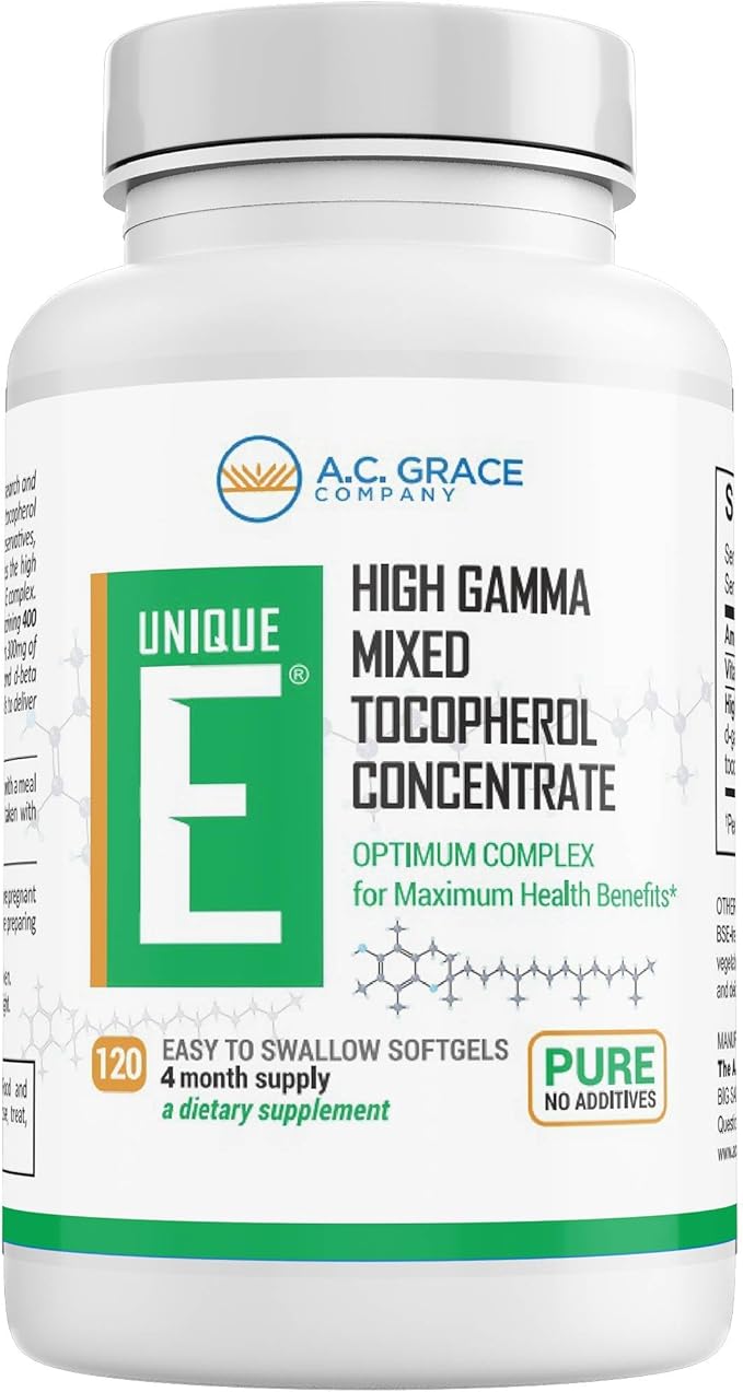 UNIQUE E A.C. Grace Company Mixed Tocopherols 120 Soft Gels Supports Healthy Brain Function General Health and Aging Support All-Natural Vitamin E and Kosher