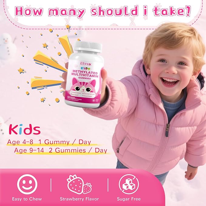 Kids Methylated Multivitamin Chewable Gummies MTHFR Supplement with L Methylfolate Magnesium Biotin Choline Inositol DHA TMG &amp Coq 10 Immune &amp Brain Support Strawberry Flavor 60 Ct