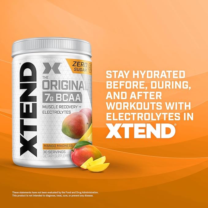 Xtend Original BCAA Powder 7g BCAAs and 2.5g L-Glutamine for Muscle Recovery Hydration and Lean Muscle Sugar Free Intra and Post Workout Drink with Electrolytes Mango Madness 30 Servings