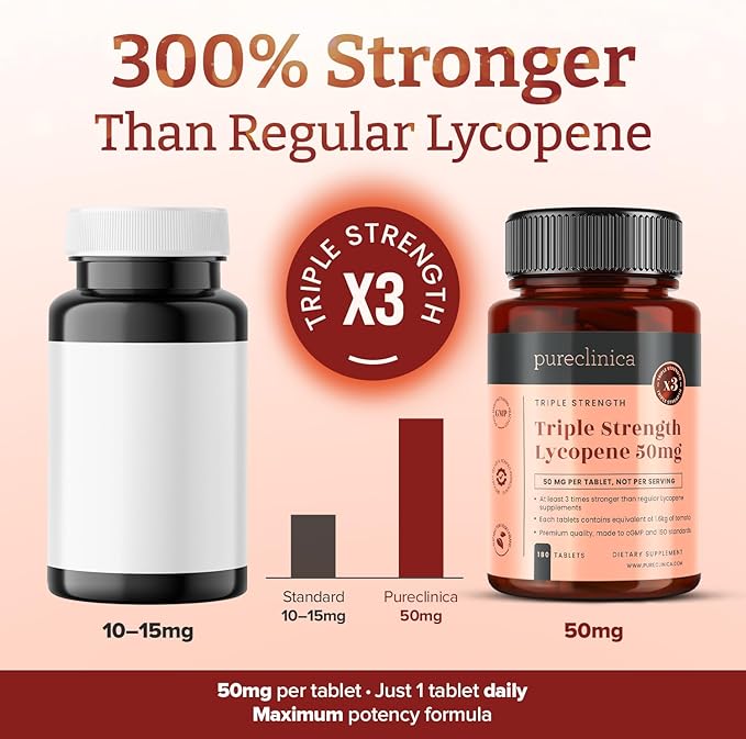 pureclinica Lycopene Supplement 50mg – High Strength Tomato Extract Antioxidant – 360 Tablets (1 Year Supply) – Prostate Health Heart Eye &amp Skin Support – GMO Free