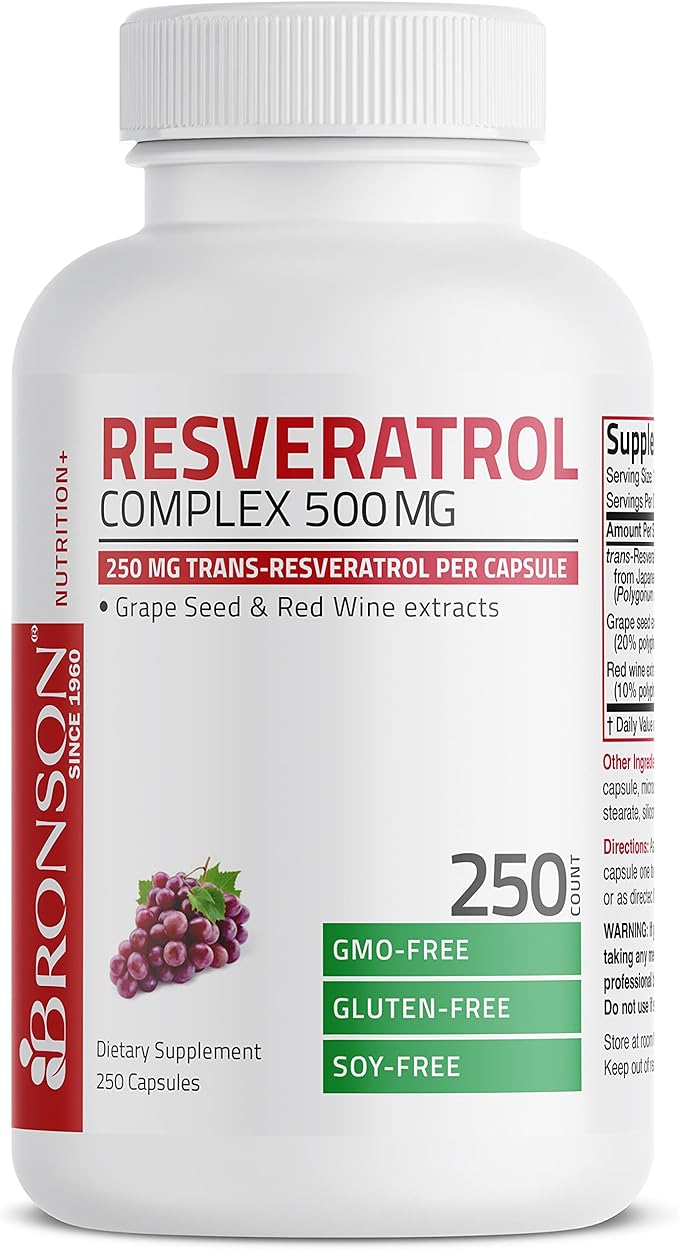 Bronson Resveratrol 500 Complex Standardized Trans-Resveratrol + Grape Seed &amp Red Wine Extract 250 Capsules
