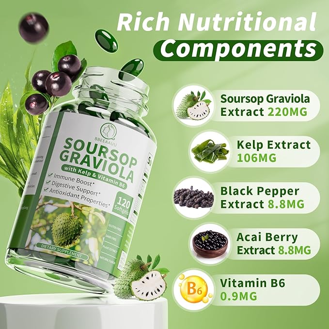 Soursop Graviola Capsules with Kelp for Cell Regeneration Enhances Immunity Digestive Support Anti-oxidant* Properties Gluten Free 120 Counts