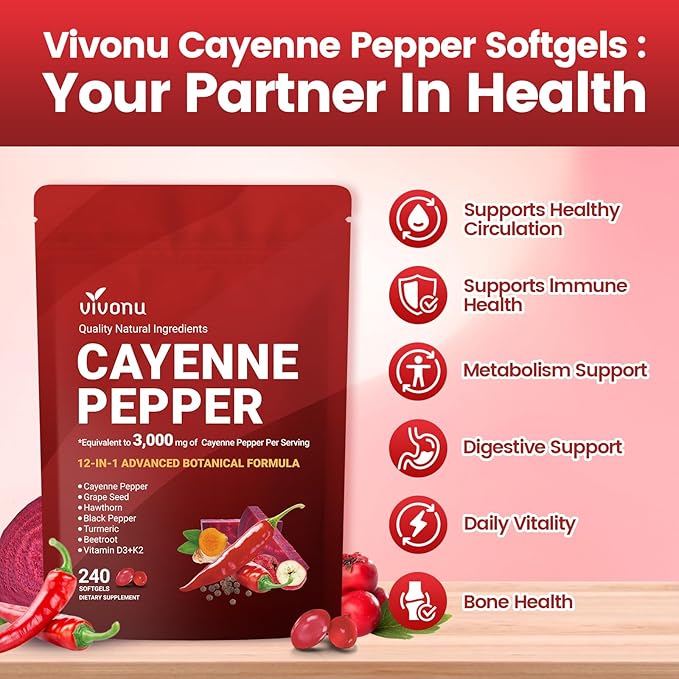 VivoNu Cayenne Pepper Softgels Supplement with Vitamin E D3+K2 and Extracts of Grape Seed Hawthorn Beetroot Berberine and Others Supports Leg Vein Heart and Blood Vessel Health