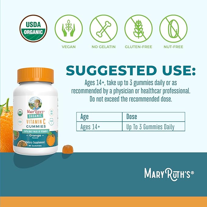 MARYRUTH'S Adult Vitamin C Gummies | USDA Organic | Vegan Chewable Vitamin C Gummies for Ages 14+ | for Immune Support &amp Overall Wellness | Vegan | Non-GMO | Orange Flavor | 60 Count