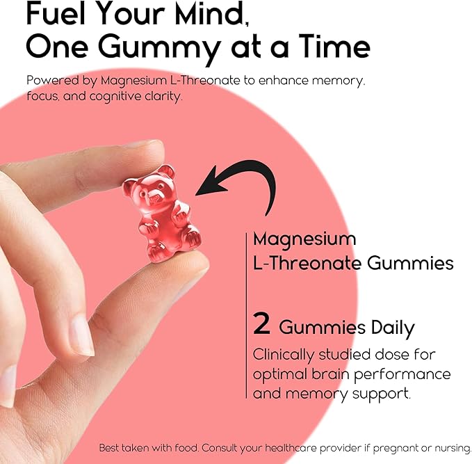 Magnesium L-Threonate Gummies for Adults &amp Kids 2000mg – Brain Supplements for Memory and Focus - Calm Magnesium Gummies for Improved Sleep and Healthy Mind - 60 Count (Strawberry)