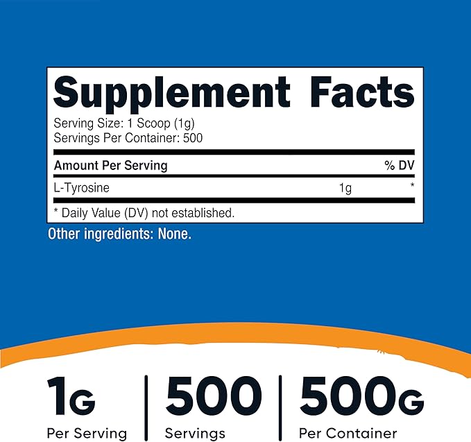 Nutricost L-Tyrosine Powder 500 Grams - Pure L-Tyrosine Powder 1000mg Per Serving