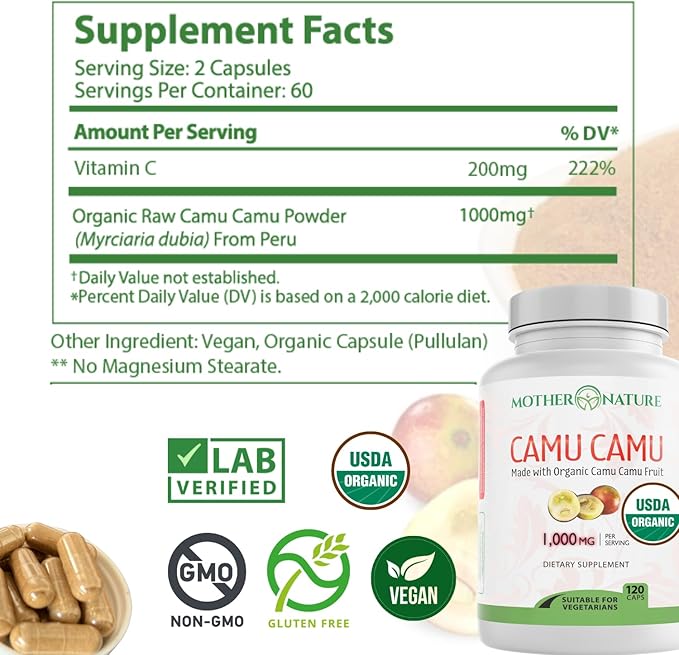 Organic Vitamin C from Camu Camu Capsules 1000mg Packed with Natural VIT C Raw Antioxidants - Immune Support Supplement &amp Anti-Aging for Skin - Powder Organic Vegan Non-GMO (120 Count)